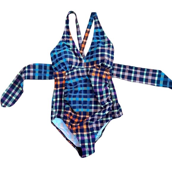 Motherhood Maternity One Piece Swim Suit Size Small Plaid Multicolor Beach Pool - Picture 1 of 7